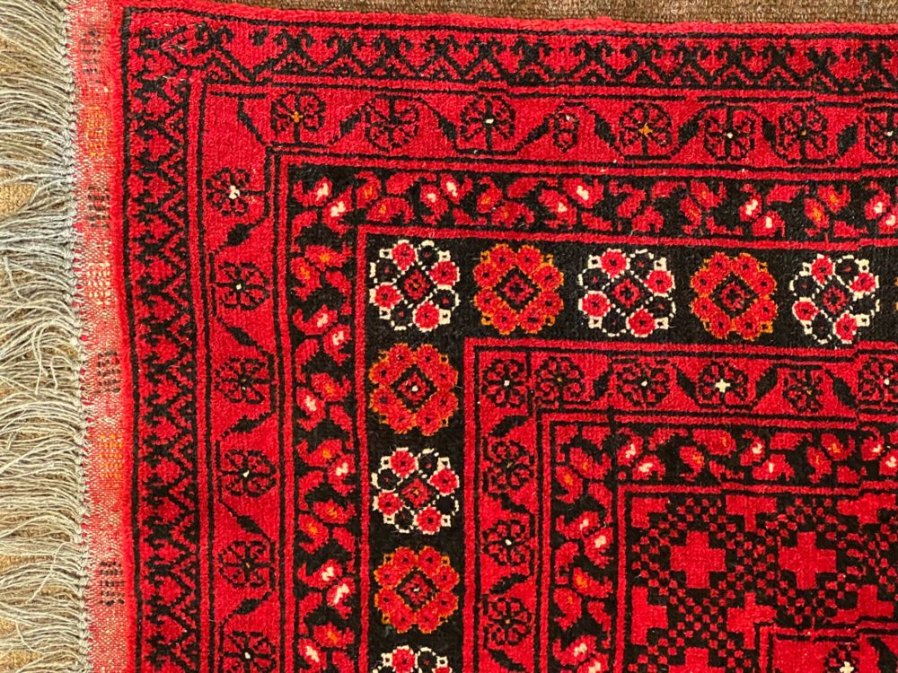 06364 Mori Afghan Red Black Natural 6-7x9-4 | Manoukian Rugs™ corner