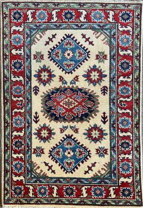 06504 Kazak Afghan Beige Red Blue 3-9x4-11 | Manoukian Rugs™ ws
