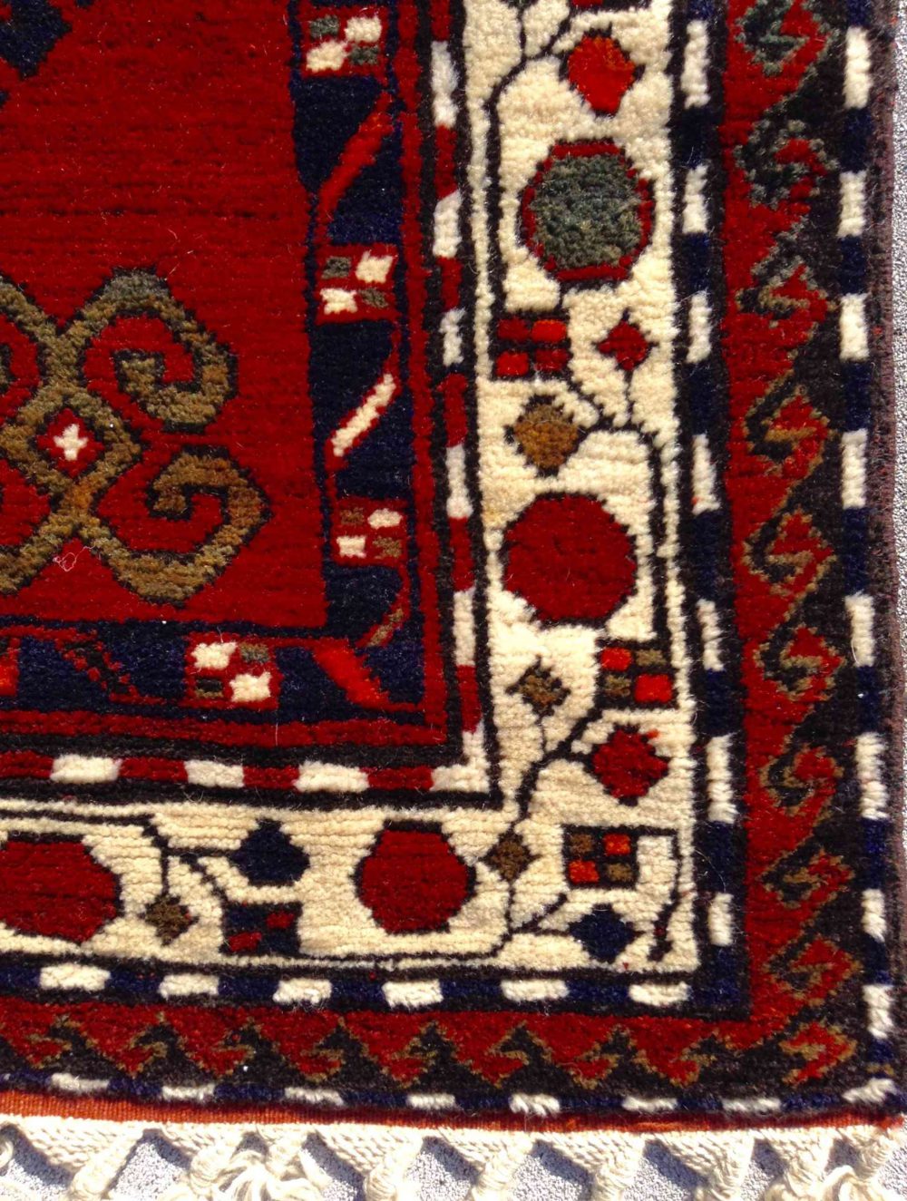 Semi-Antique Russian Kazak Red Natural Blue 4-7x6-10 | Manoukian Rugs™ corner