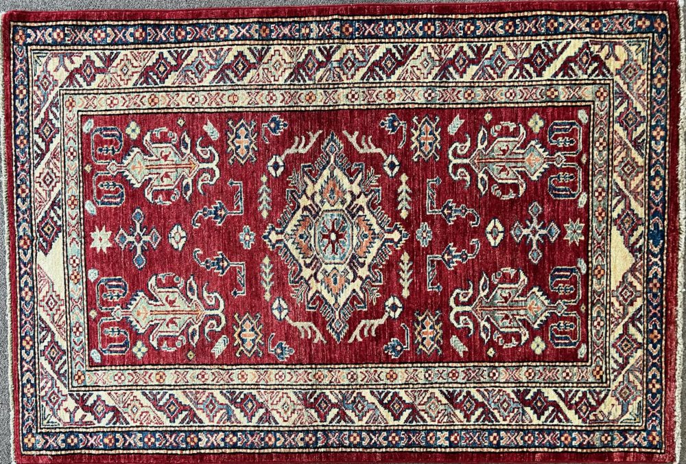06512 Super Kazak Afghan Red Natural Blue 3-4×4-10 | Manoukian Rugs™ ws