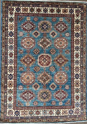 SS051722T265 Super Kazak Afghan Blue White Red 5-1x7 | Manoukian Rugs™