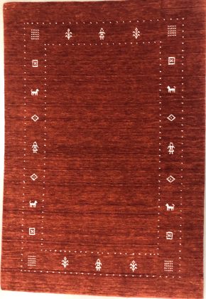 This handloomed Indian Lori-Gabbeh rug lends a contemporary feel to your favorite room. It carries solid design elements along with a pleasing balance of red and white colors. full rug
