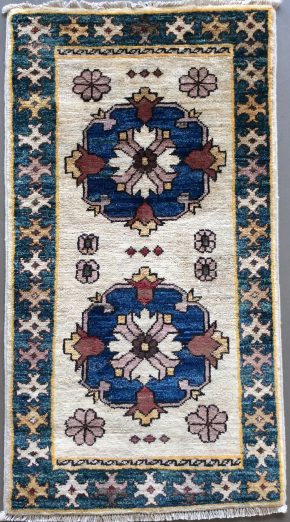 Tribal Afghan Blue White Gold 2x3 | Manoukian Rugs™