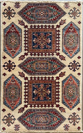 Super Kazak Afghan Cream Red Blue 2-7 x 4-3 | Manoukian Rugs™